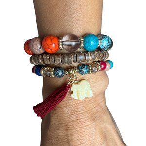 Set of three boho style bracelets with tassel and elephant charm NEW